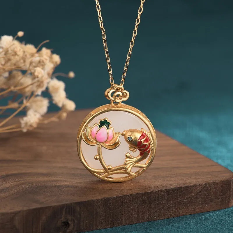 24k gold-plated Hetian jade peace buckle necklace with O-ring chain on collarbone