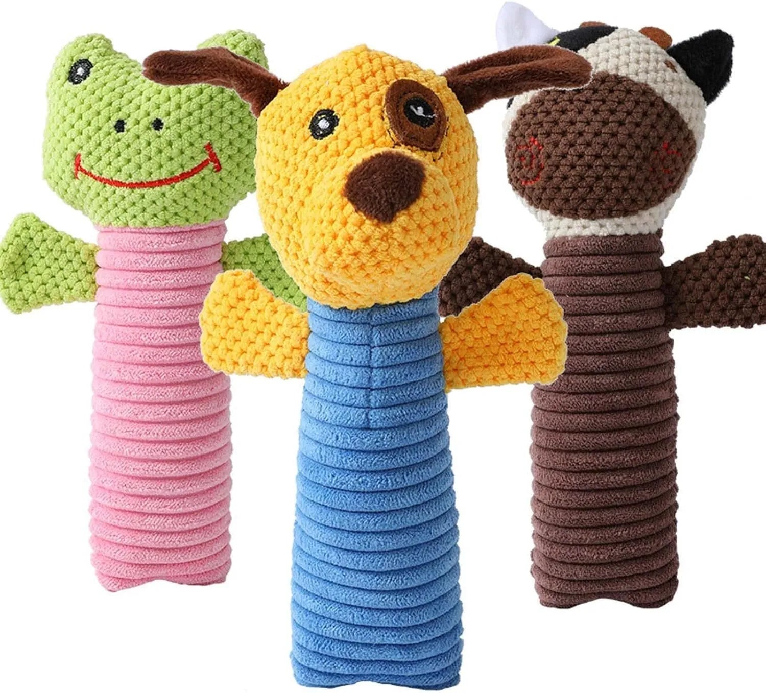 Squeaky stuffed dog toy in calf, frog, or puppy shape measuring 19x5cm