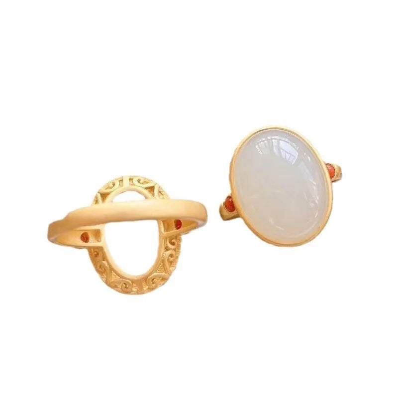 Women's copper open ring with white electroplating, gilding, and inlaid Hetian jade in national style