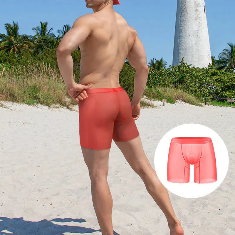 Men's ice silk nylon boxer shorts in orange, pink and red colours with low-waist design