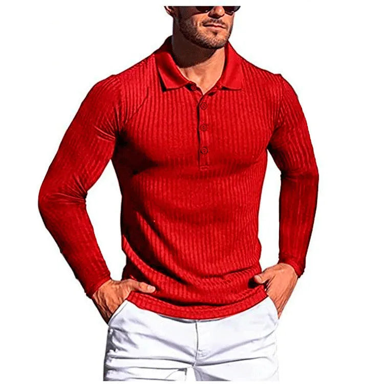 Man wearing a striped short-sleeve t-shirt in army green, showcasing the loose casual fit.