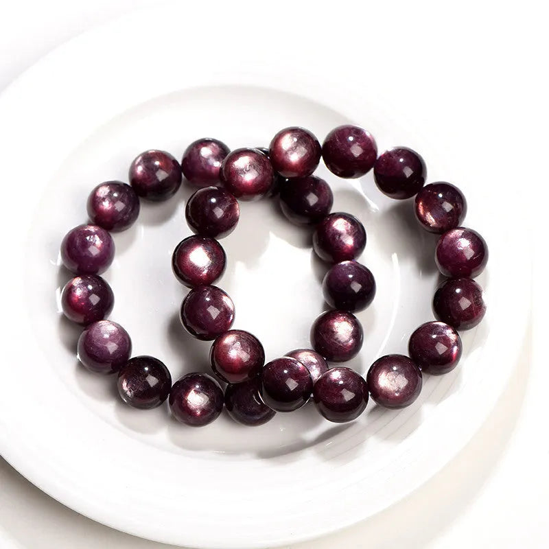 Natural purple lepidolite crystal bracelet with polished round beads in geometry style