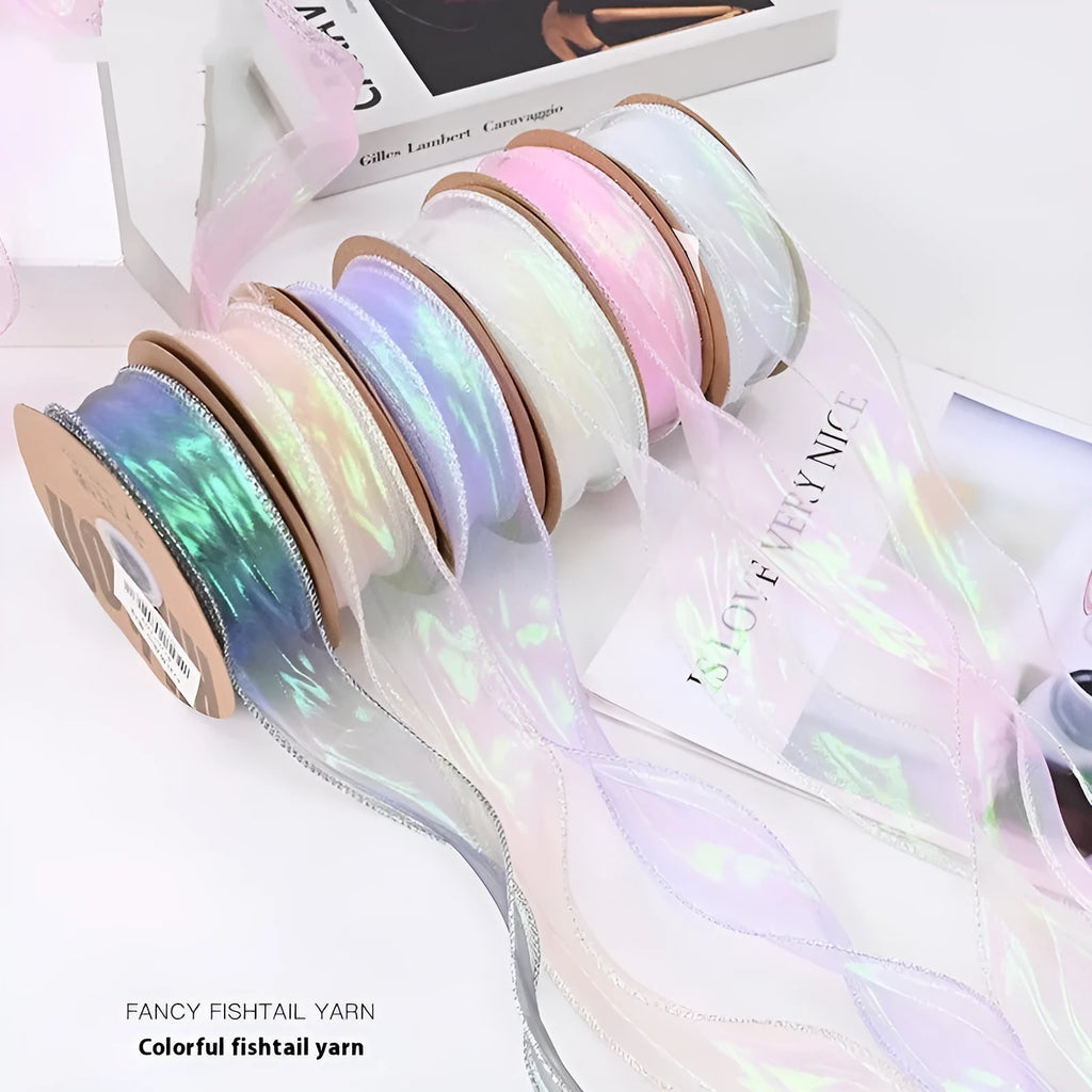 Fishtail yarn ribbon mesh with colourful wave pattern measuring 4cm wide for gift wrapping and decoration