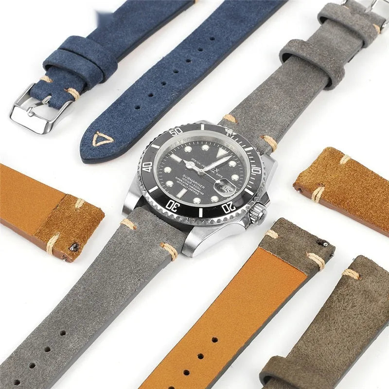Genuine suede leather watch strap in brown blue gray army green colours small waist design