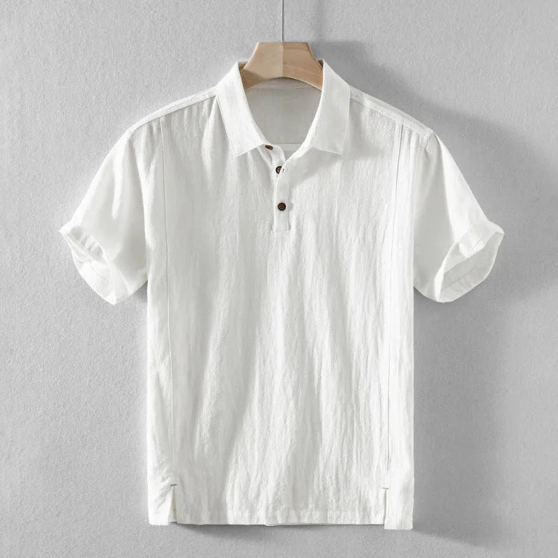 Men's loose fit linen cotton blend casual shirt in solid colours on a hanger.