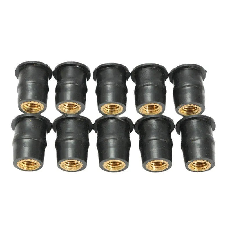 Brass motorcycle windshield nuts with black rubber expansion sleeves in three metric sizes