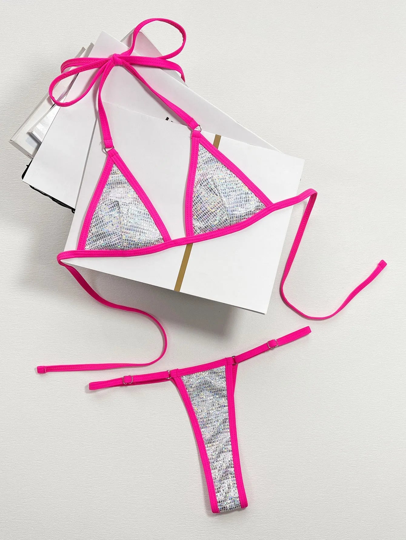 Silver women's split triangle swimsuit showing front design and solid colour