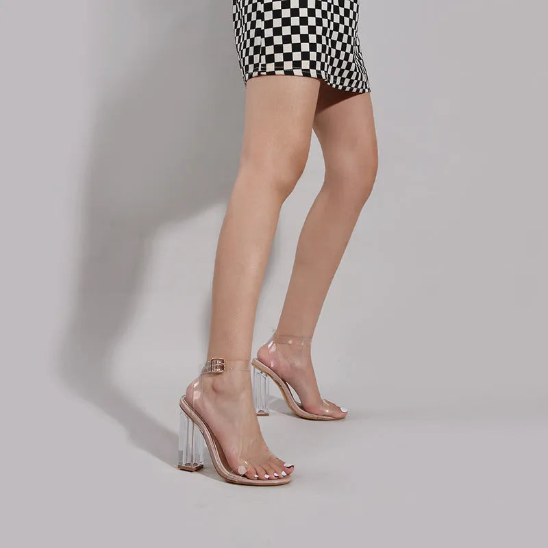 Women's apricot high heel sandals with transparent glass heels and buckle fastening