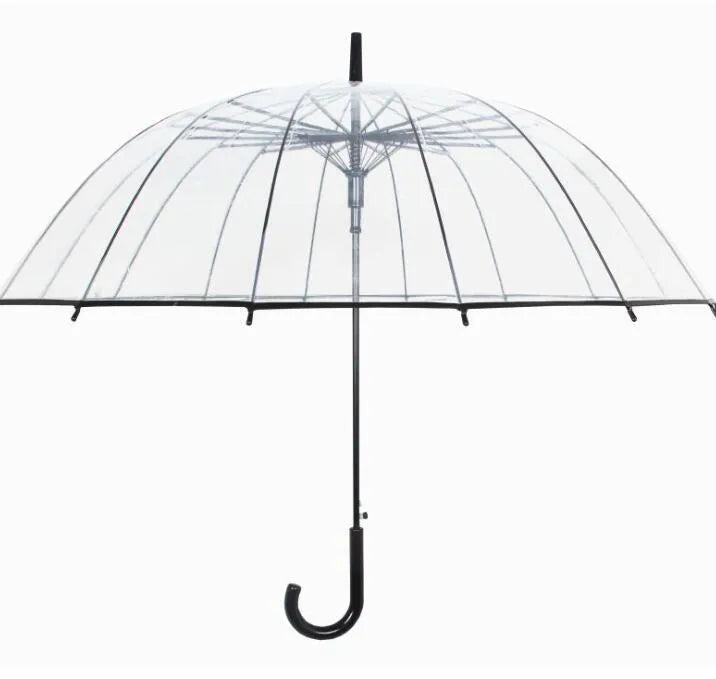Big long handle transparent umbrella with 16 ribs, POE fabric canopy, ABS plastic handle, and black steel skeleton in black colour