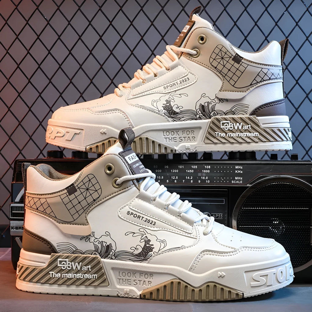 Men's beige, white and blue high-top lace-up board sneakers with a flat rubber sole.