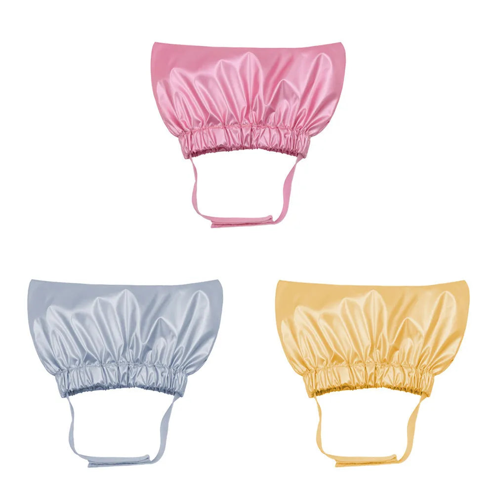 Adjustable ear-proof waterproof shower cap for dogs and cats in silver, pink, or gold.