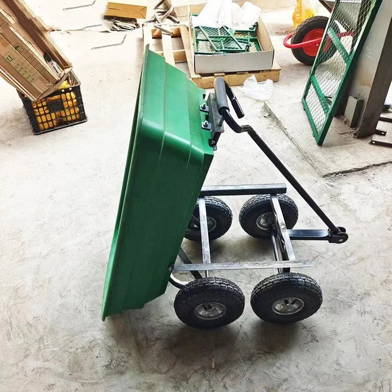 Green four-wheel plastic dump truck with Steel PP body, shown with load bay dimensions 94cm long by 52cm wide.
