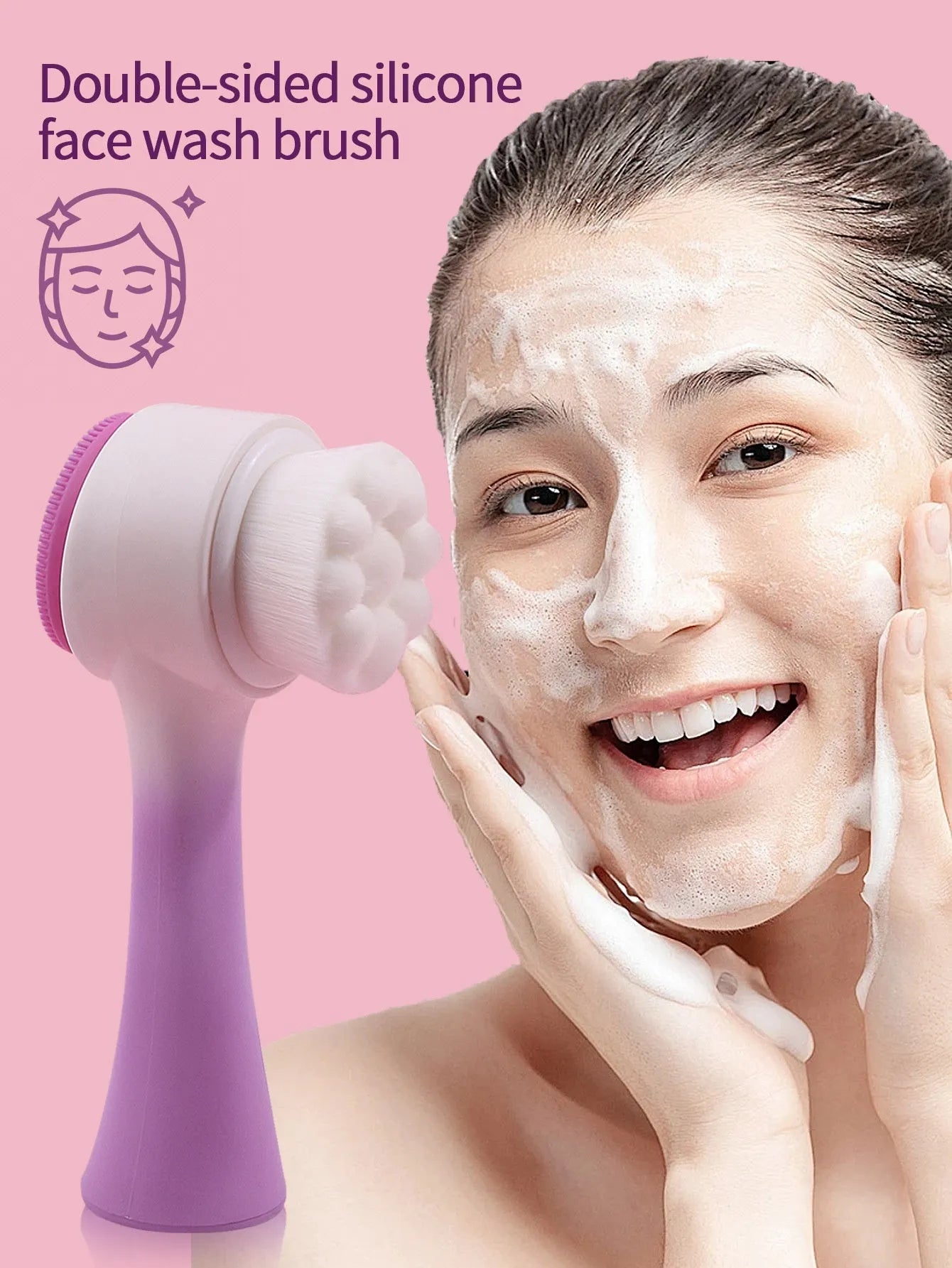 Facial brush set with coral fleece hairband in multiple colour options including purple, grey, white, and pink