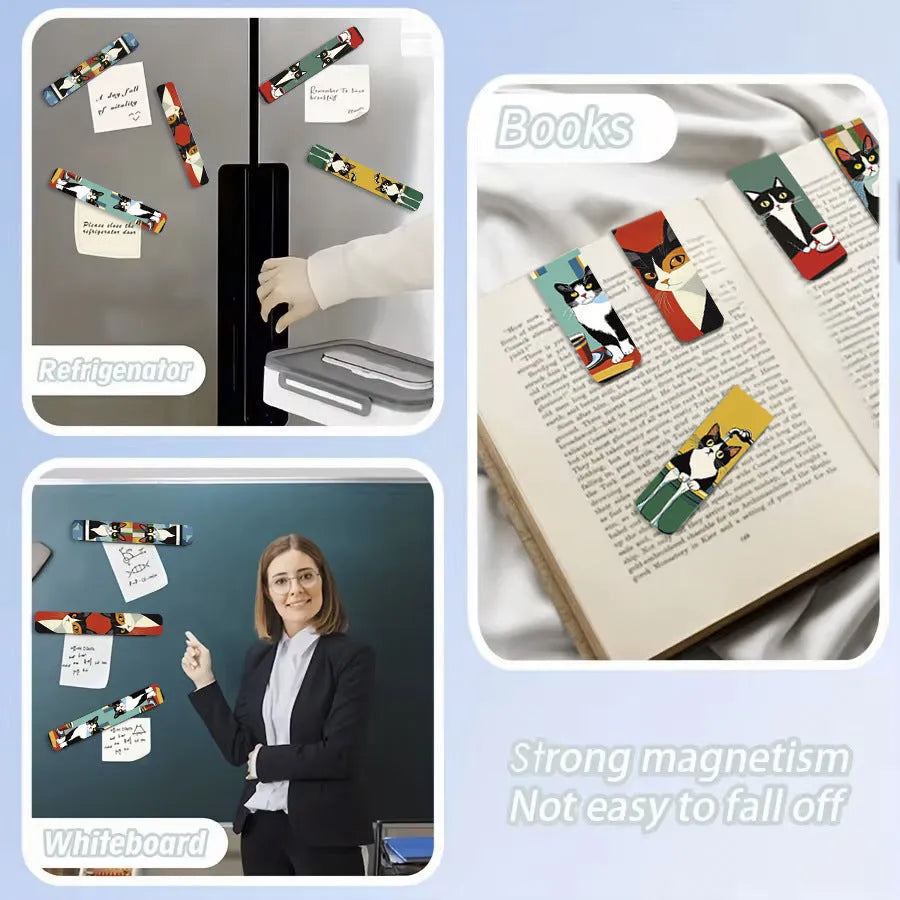 Set of 5 magnetic bookmarks with simple cute cat designs on a book page