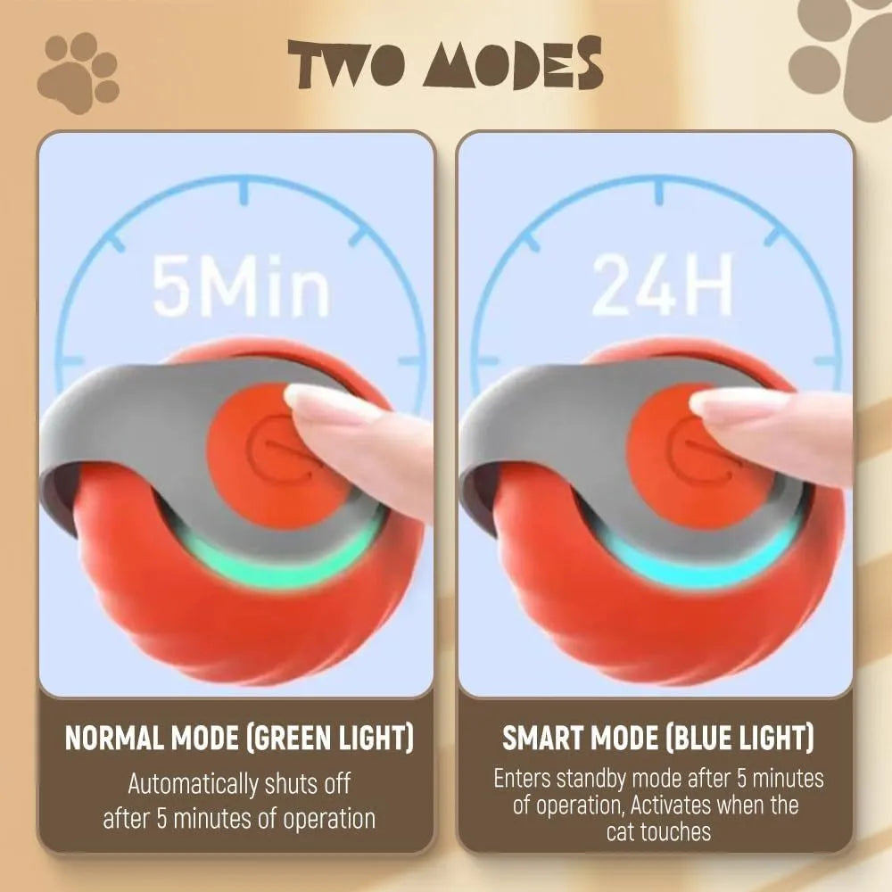Self-moving cat toy ball in blue on a floor with a cat pawing at it
