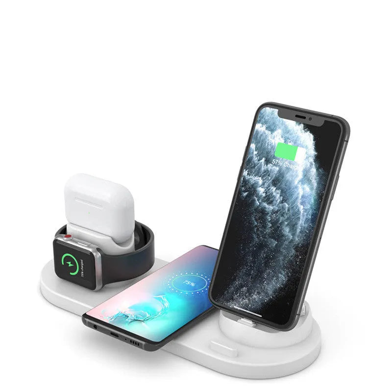 Black 6-in-1 wireless charging station organising a phone, Apple Watch and AirPods on a desk
