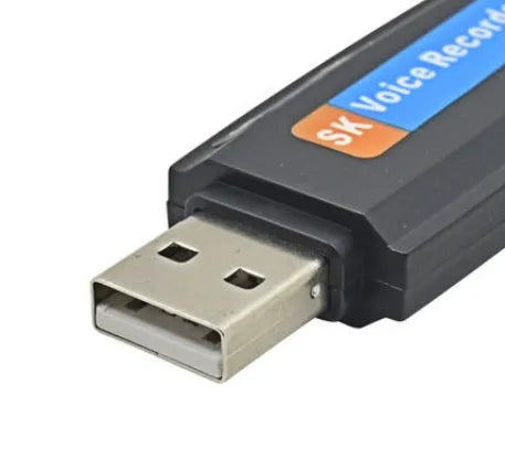 SK-001 black and white USB flash drive with voice recording function showing front and side views