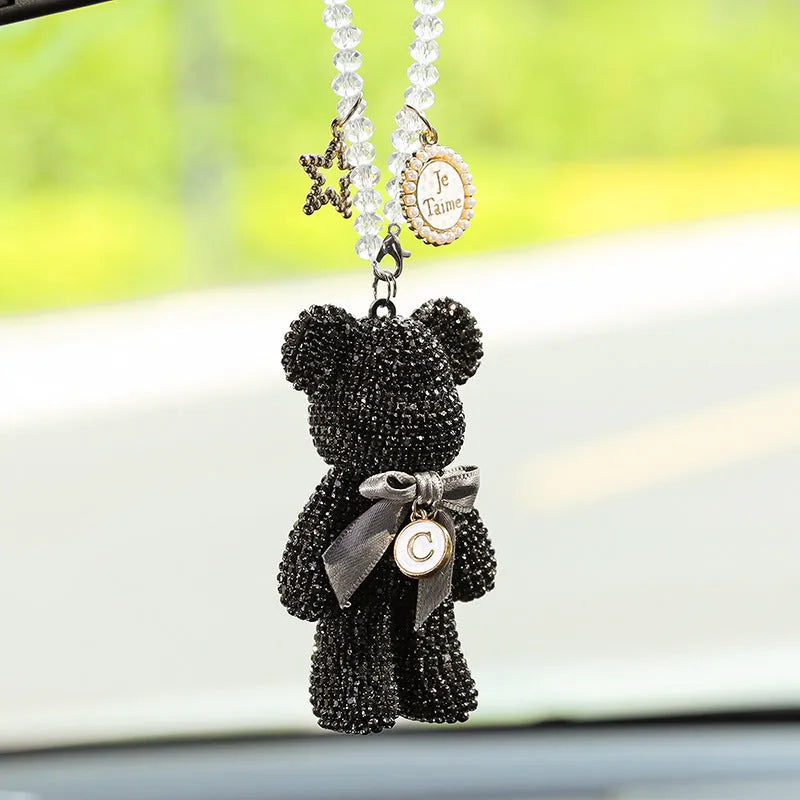 Violent Bear character car rearview mirror pendant with diamond-embedded rhinestone detailing measuring 5x9cm
