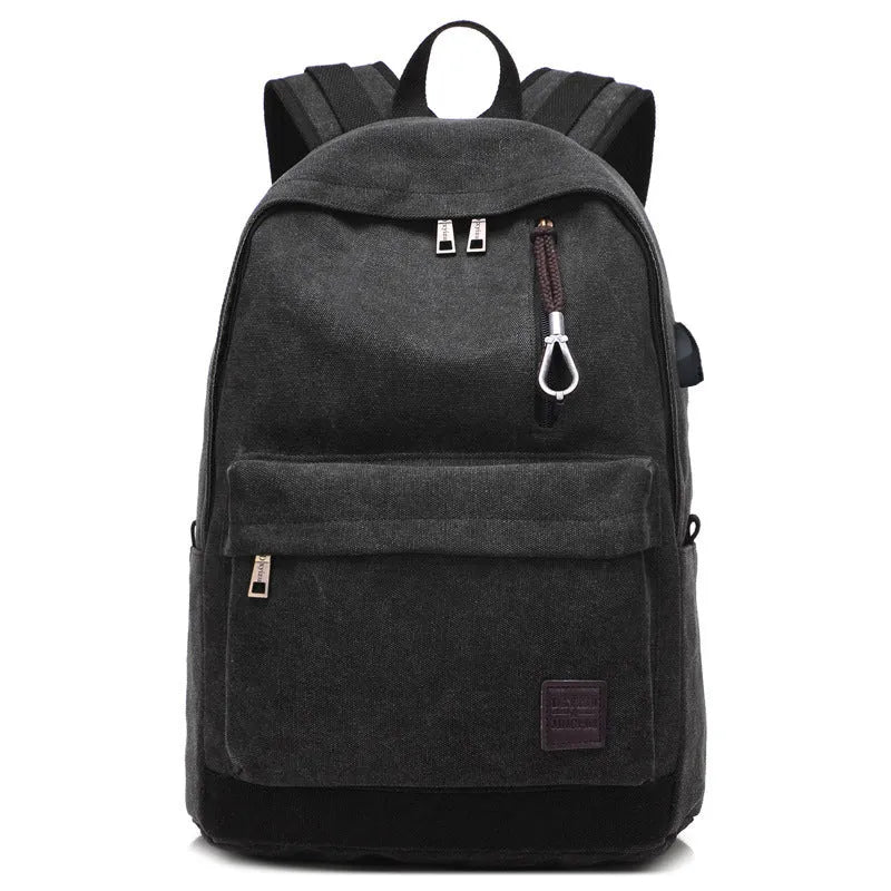 Canvas shoulder backpack with USB charging port in coffee colour showing computer pocket and main compartment