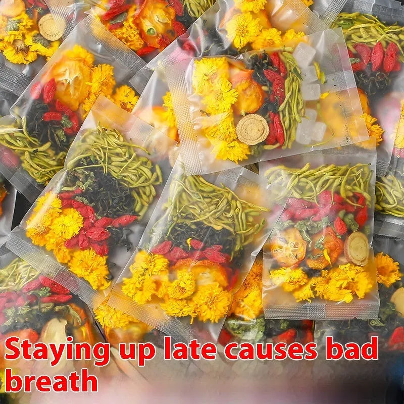 Box of honeysuckle chrysanthemum tea with 15 individual sachets, net weight 150g.