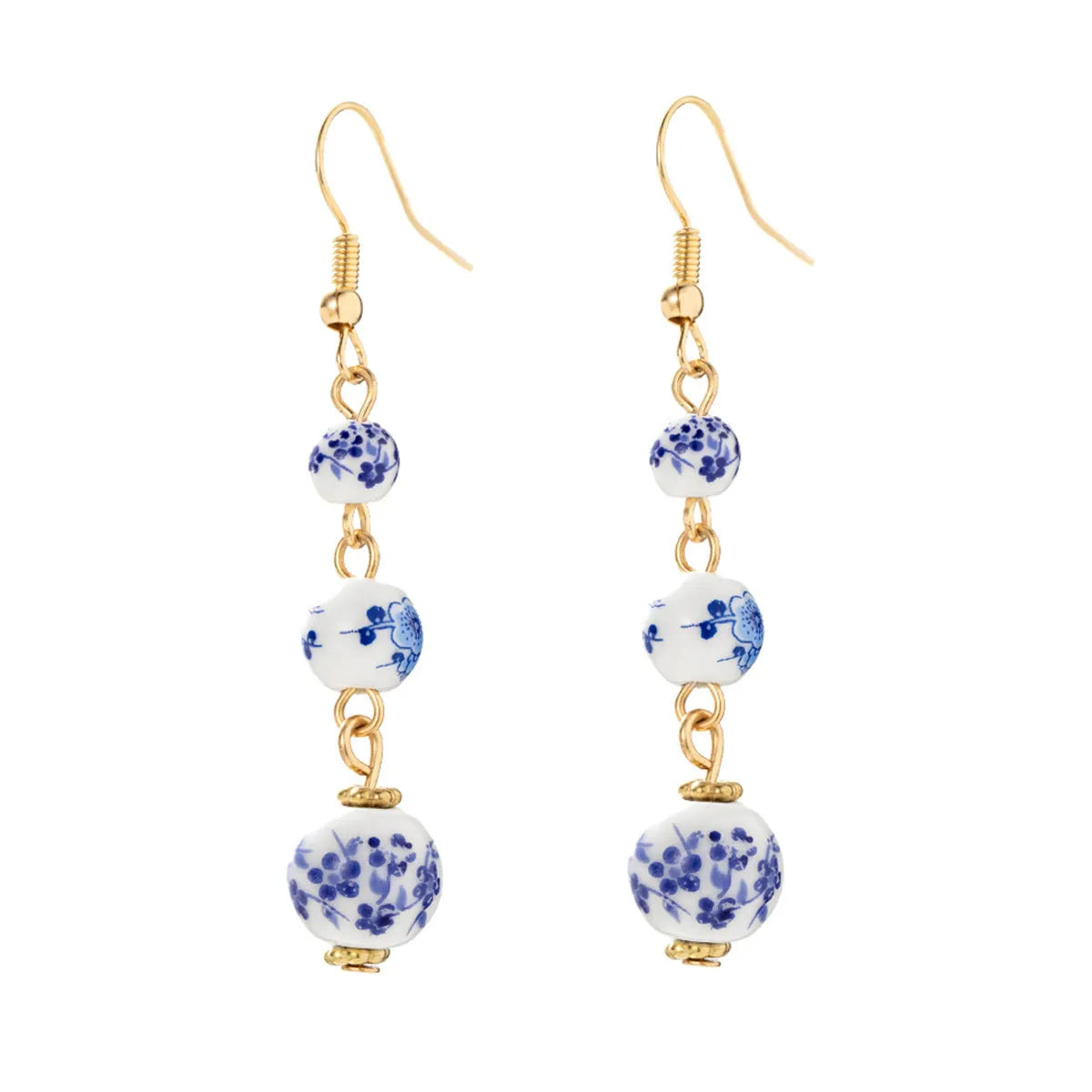 Blue and white porcelain ceramic bead long drop earrings with geometric alloy design