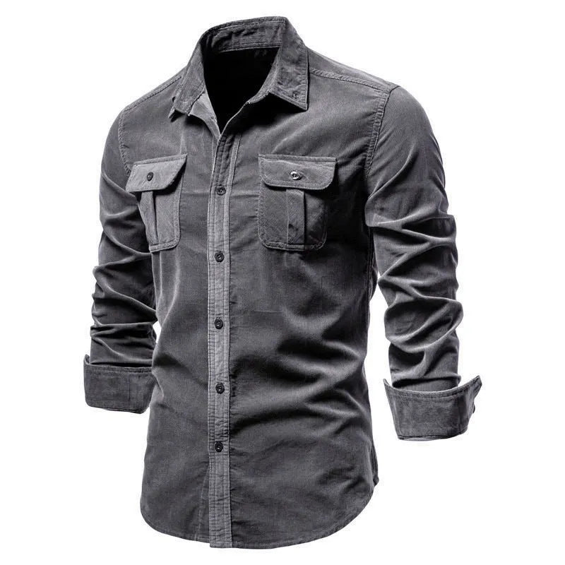 Men's denim blue linen long-sleeve casual shirt laid flat, showing button front and relaxed fit.