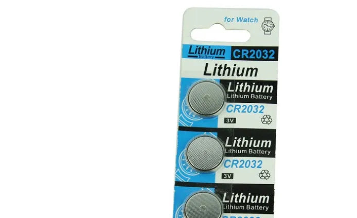 Pack of five CR2032 3V lithium button batteries on a blister card.
