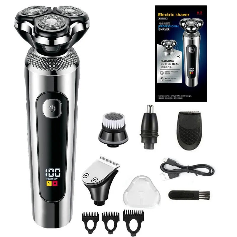 USB rechargeable beard trimmer with digital display and floating cutter head.
