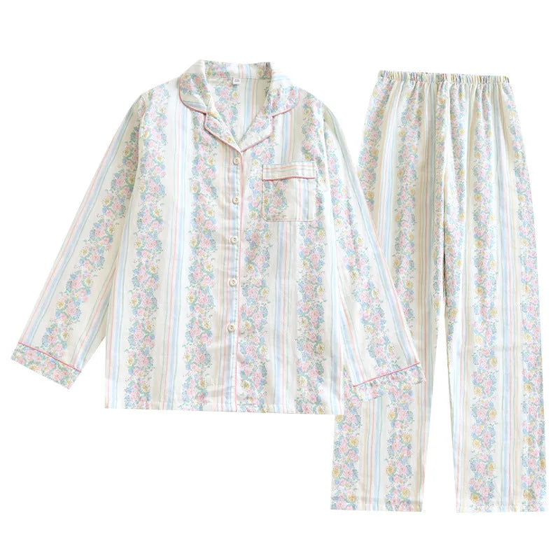 Japanese style cotton gauze ladies homewear set with long sleeves and trousers in stripe or red fruit pattern.
