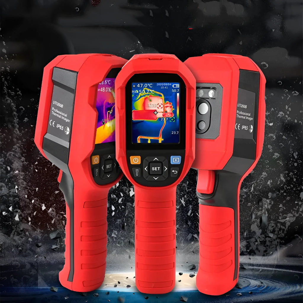 UTi260B handheld infrared thermal imager with display screen showing thermal image