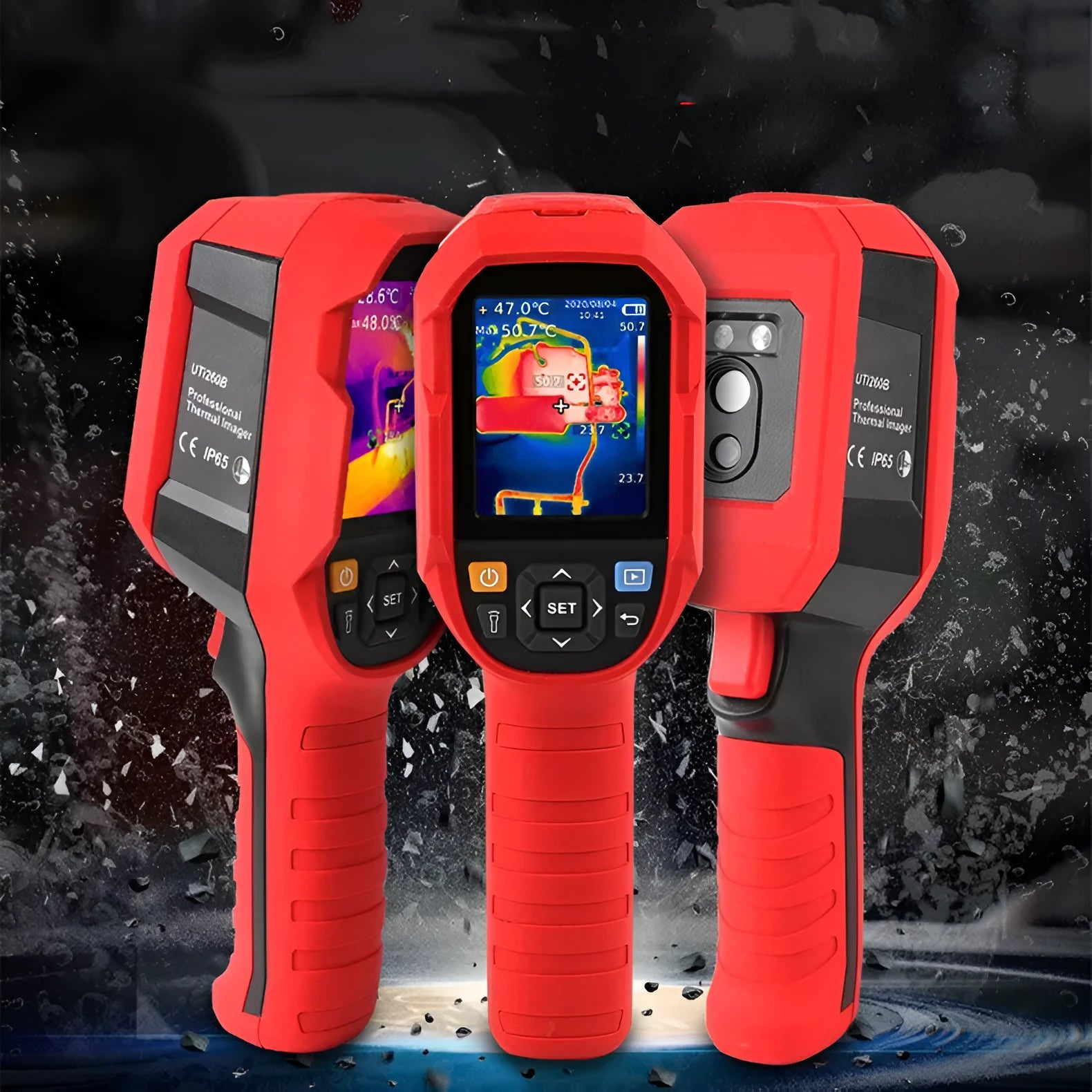 UTi260B handheld infrared thermal imager with display screen showing thermal image