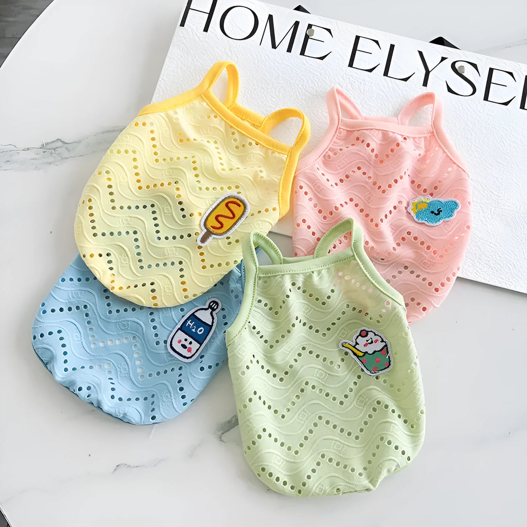Light blue pet cooling vest with mesh straps on a mannequin, showing camisole-style cut.