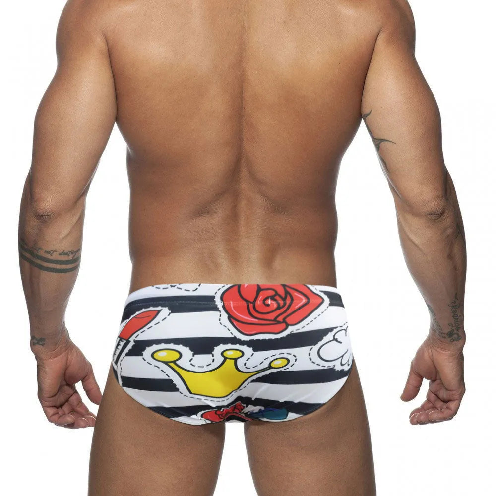 Men's striped tight underwear in rose colour nylon with polyester lining, available in sizes M to XXL