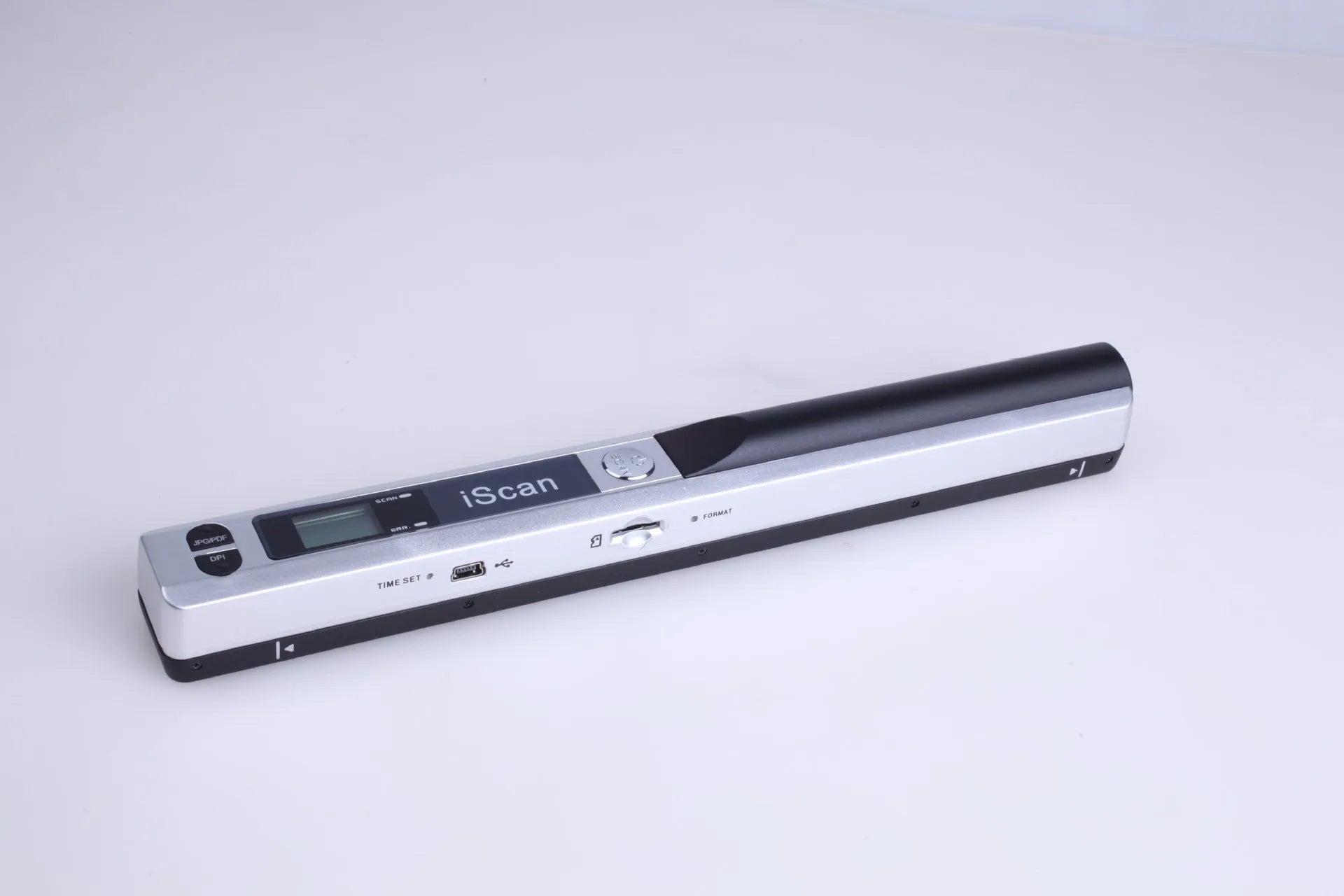 Handheld plastic scanner shown in one of five colour options: black, blue, green, red, or silver.