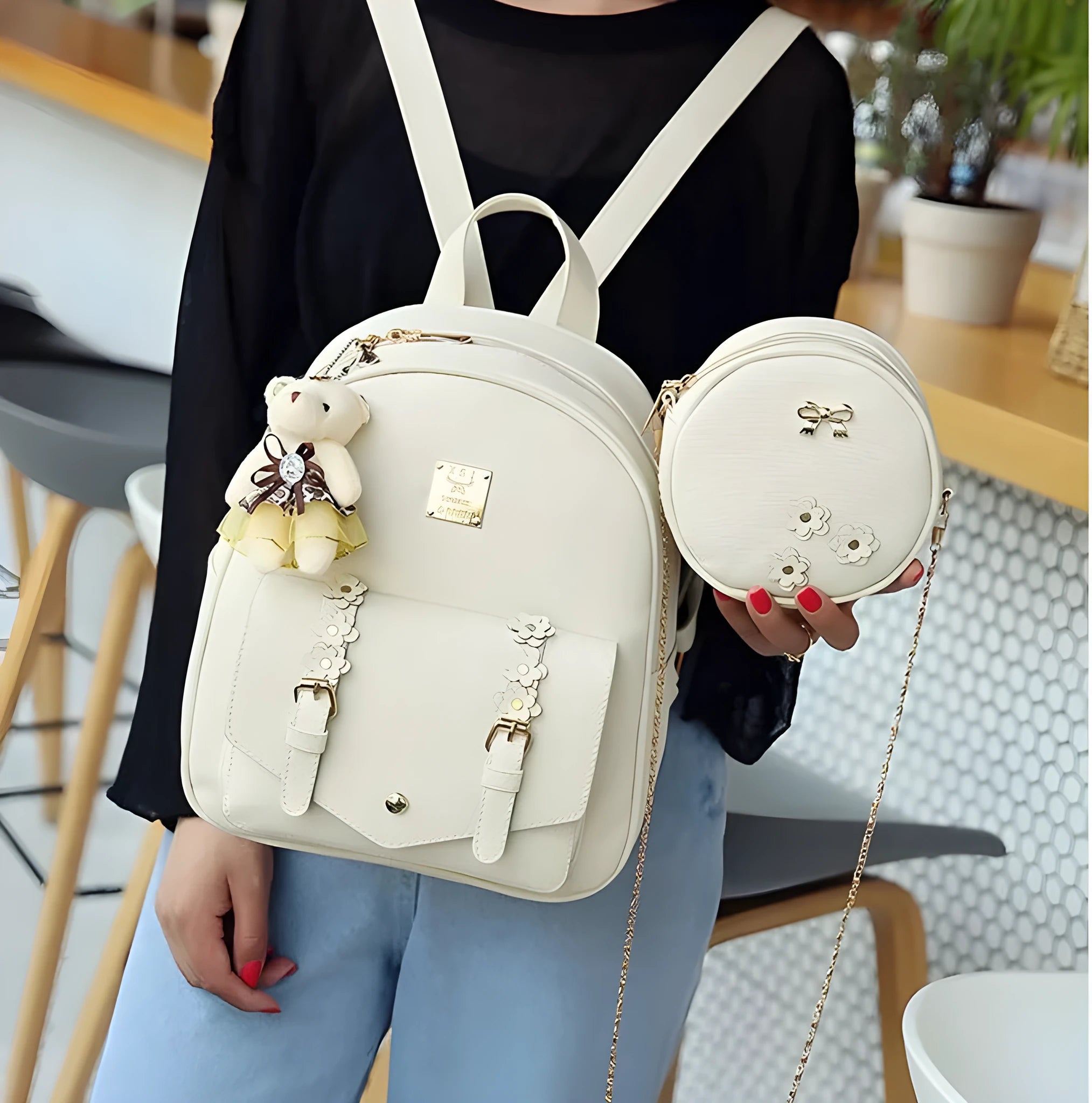 Women's three-piece leather backpack set showing backpack, shoulder bag and card holder in coordinated colours