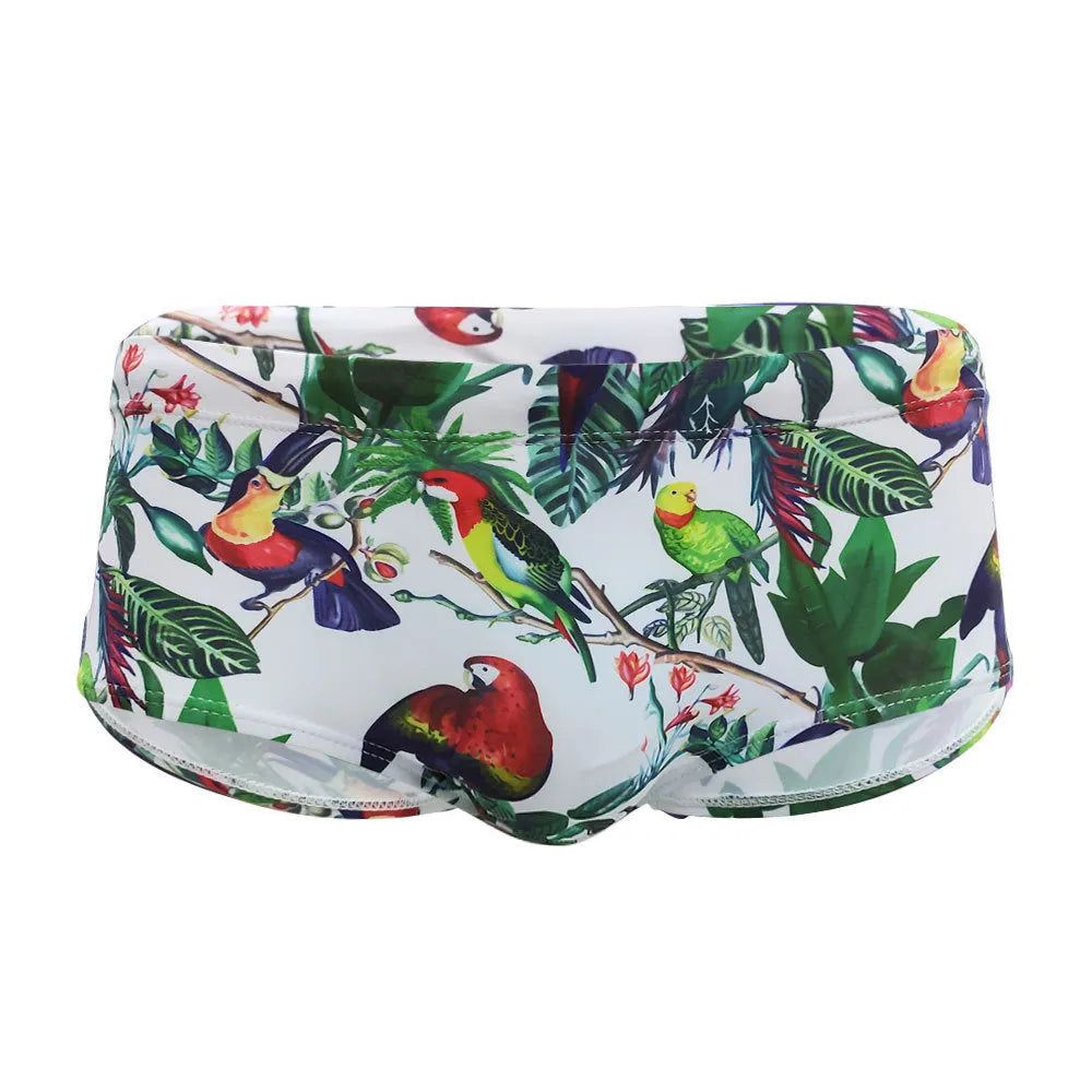 Men's nylon swimming trunks with flower-bird print in briefs and boxer styles