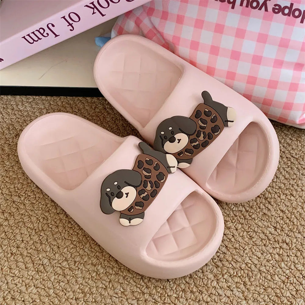 Pair of EVA flip flop sandals for couples in leopard puppy print, showing thickened sole.