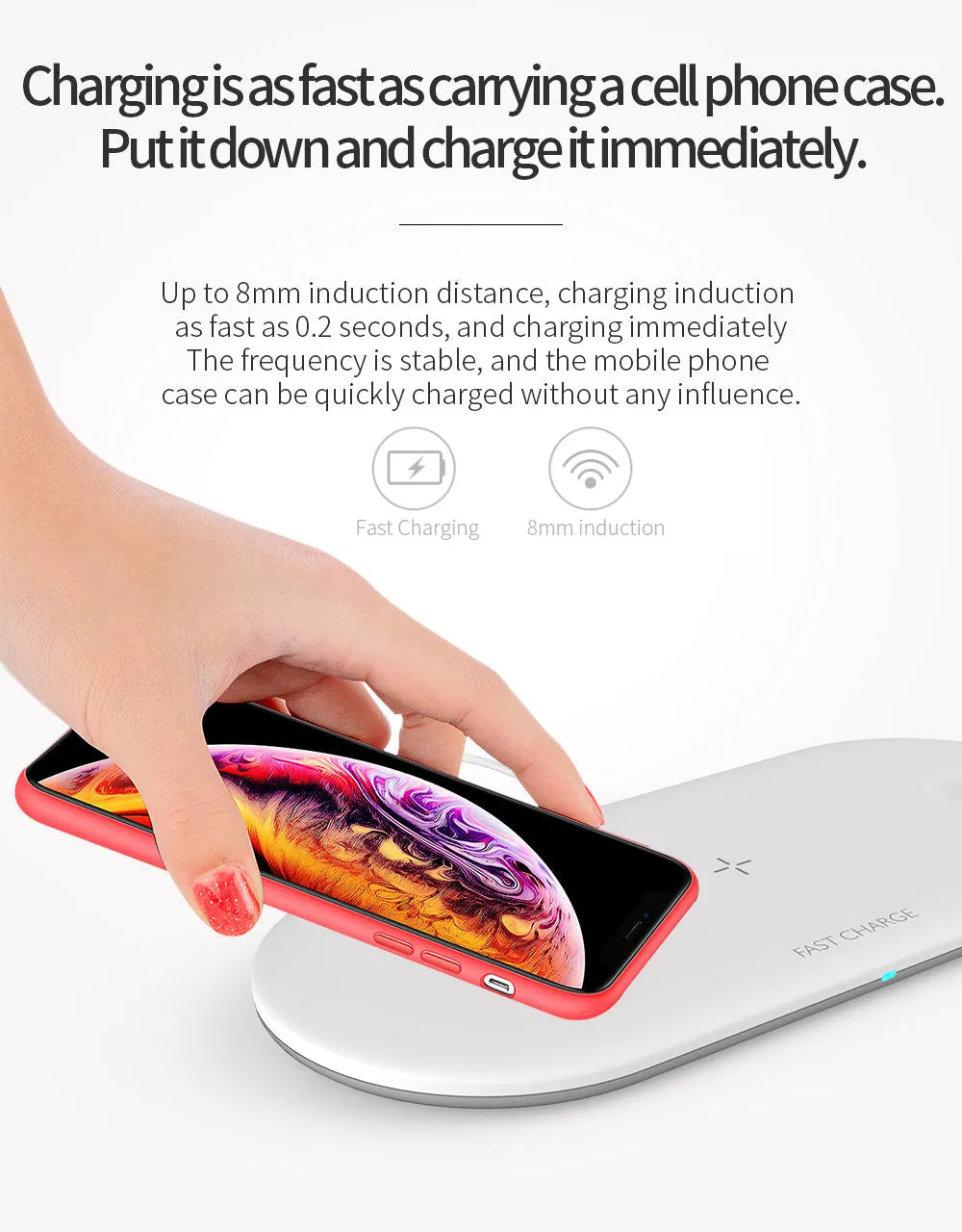 Black three-in-one wireless charging station for iPhone, Apple Watch, and headphones on a desk