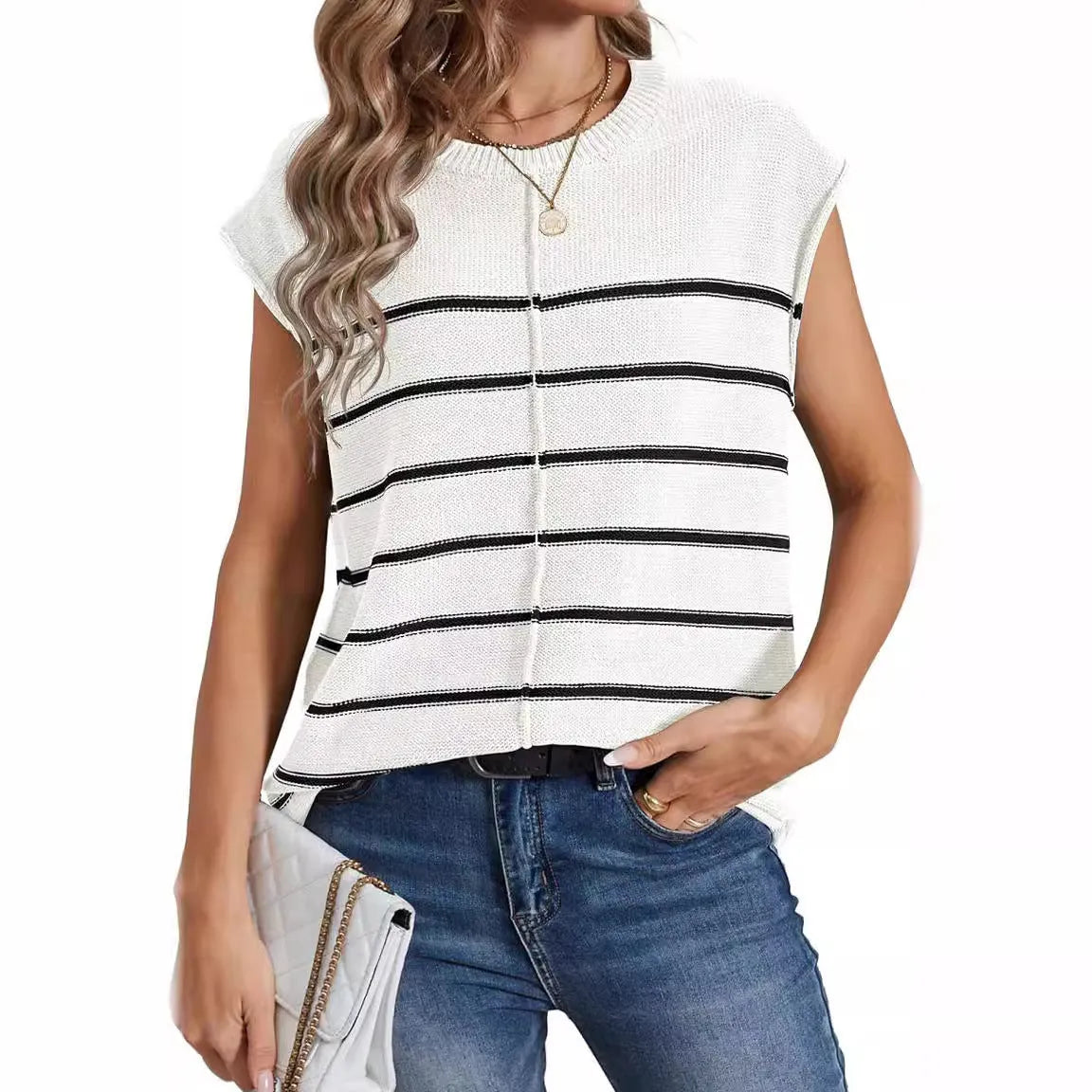 Women's striped sleeveless pullover top in acrylic fabric with bone stitching detail