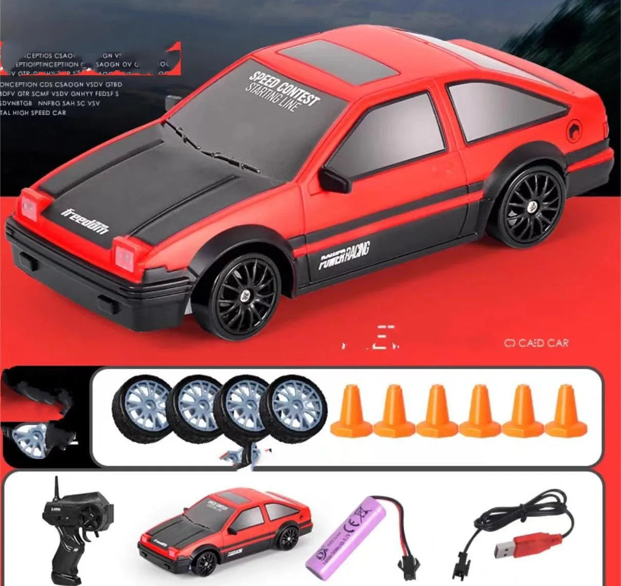 2.4G RC drift car 4WD 1:24 scale remote control toy GTR model in classic style on road with traffic cones
