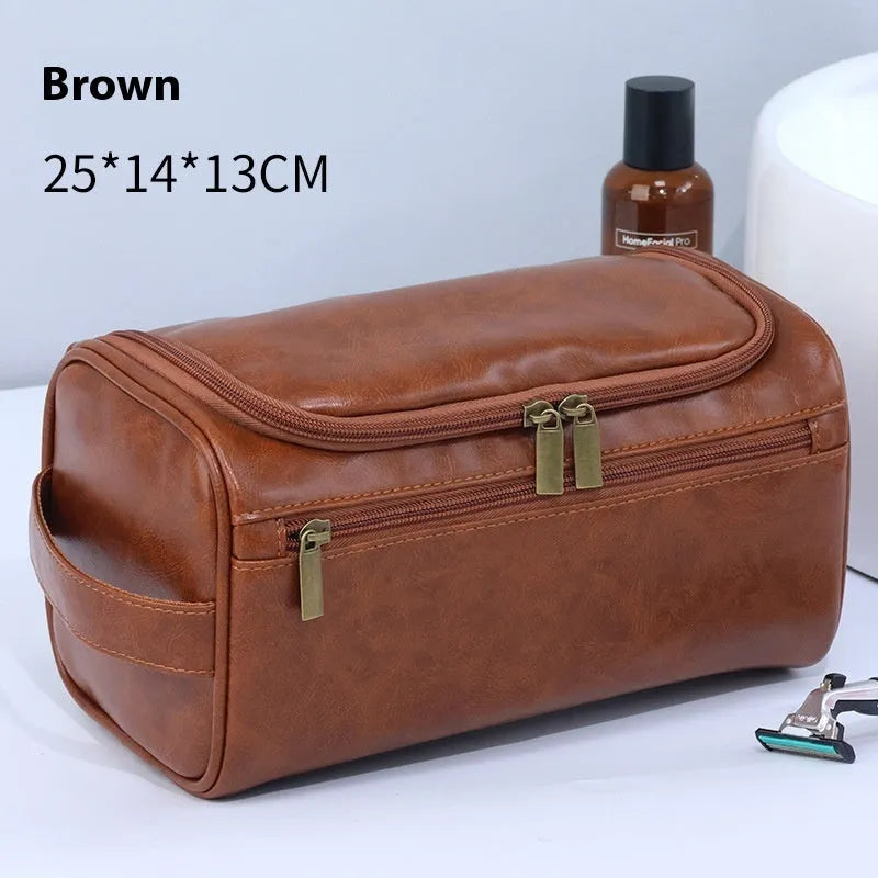 Large capacity waterproof cosmetic bag in retro style, available in PU leather or Oxford cloth materials.