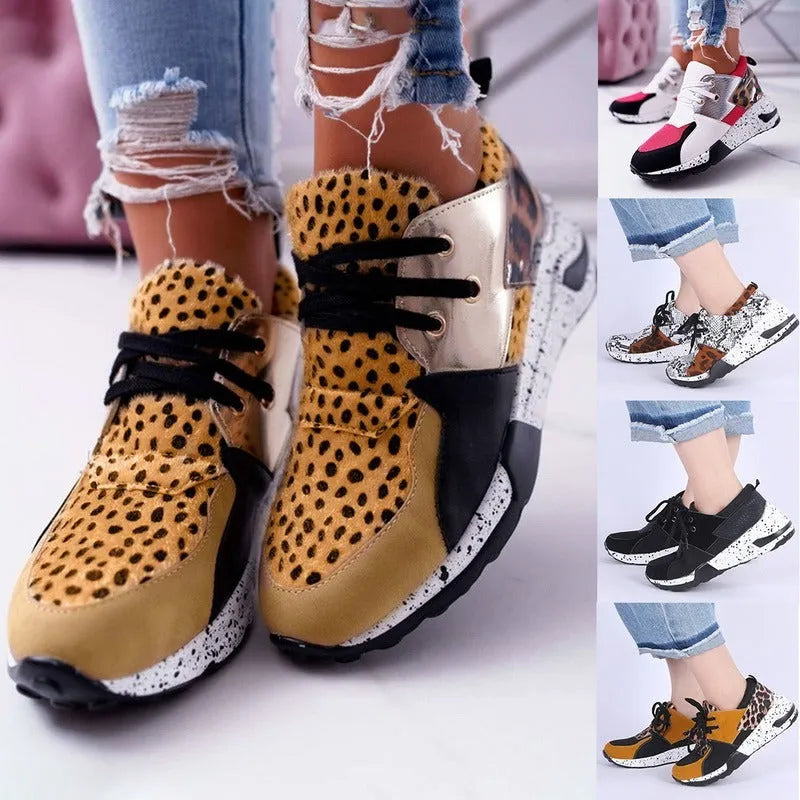 Women's casual wedge sneakers in leopard print with suede upper and 3-5cm heel