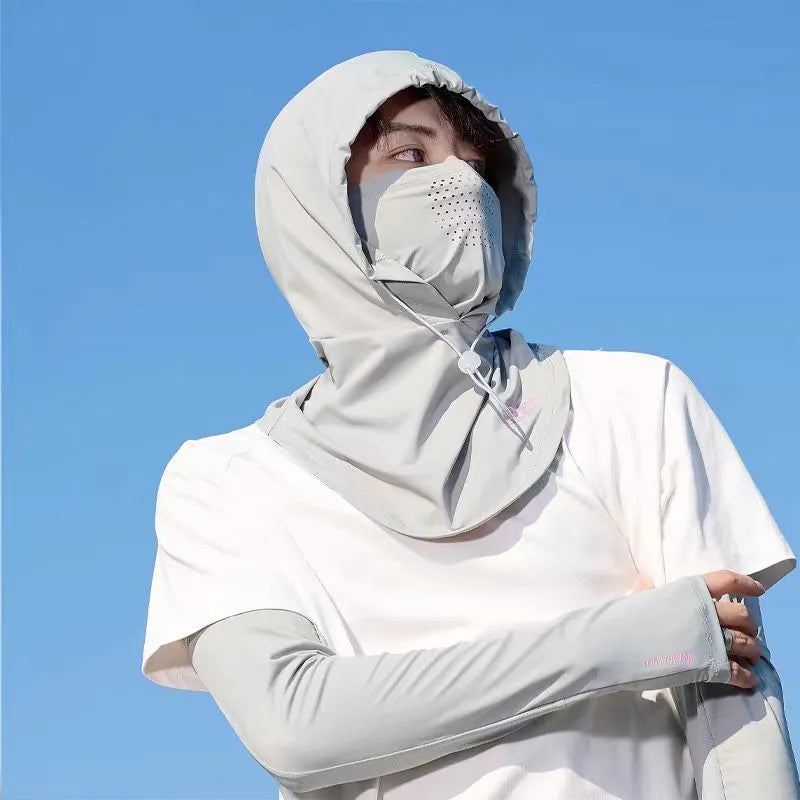 Sun protection ice silk hat scarf neck mask in black, ear-hanging bandana style with nylon fabric