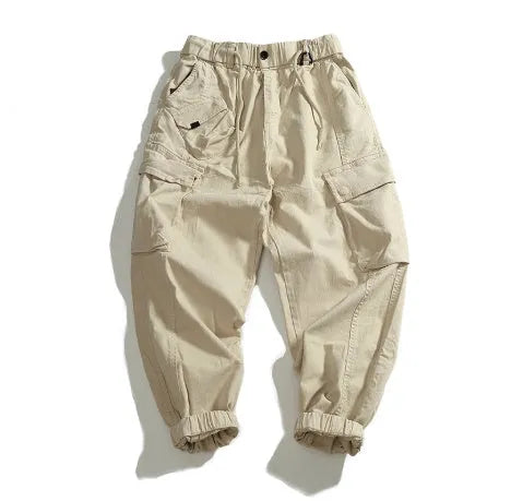 Men's multi-pocket stretch cargo casual pants in khaki, mid-waist ankle-tied style, worn-looking woven fabric