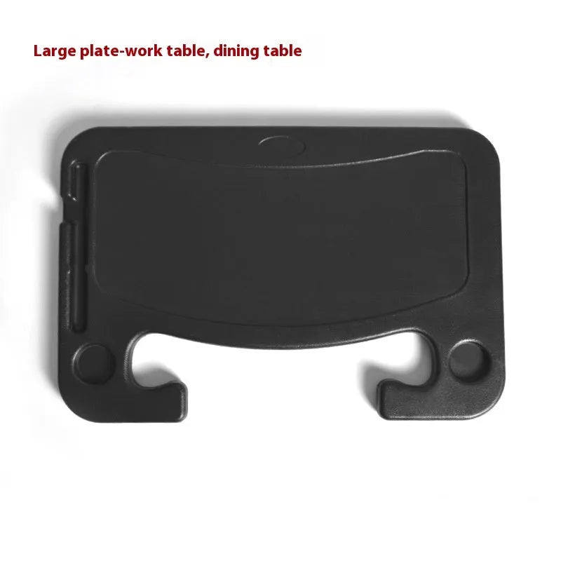 Black ABS plastic car steering wheel laptop stand with foldable cup holder on a grey steering wheel