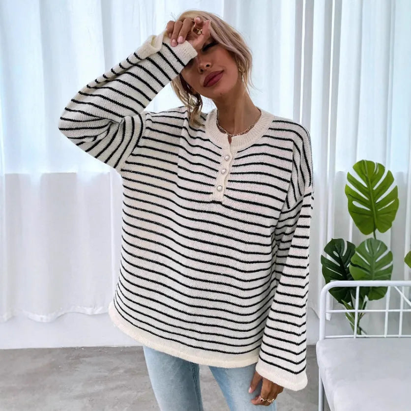 Women's black striped knitted top with contrast colour and drop-shoulder sleeves