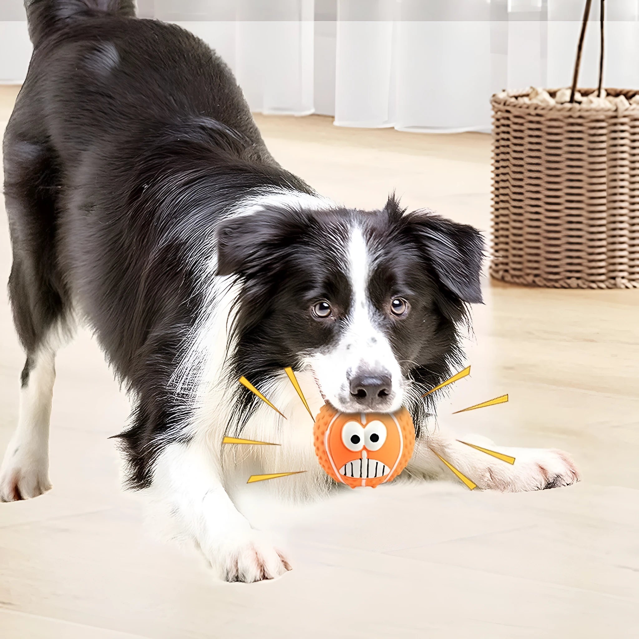 Smile face dog latex ball in green, orange, and yellow – squeaky bouncy toy for small dogs and cats