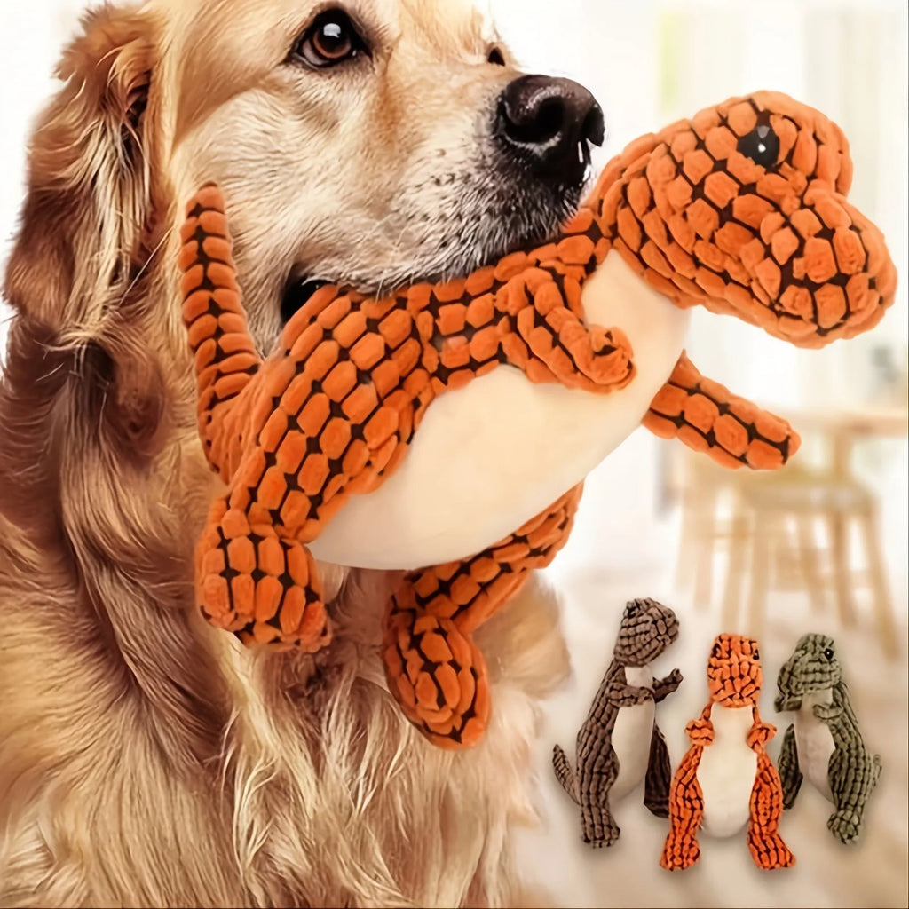 Grey, green, or orange dog chew toy with sound, shown next to a measuring tape indicating its 35cm length.