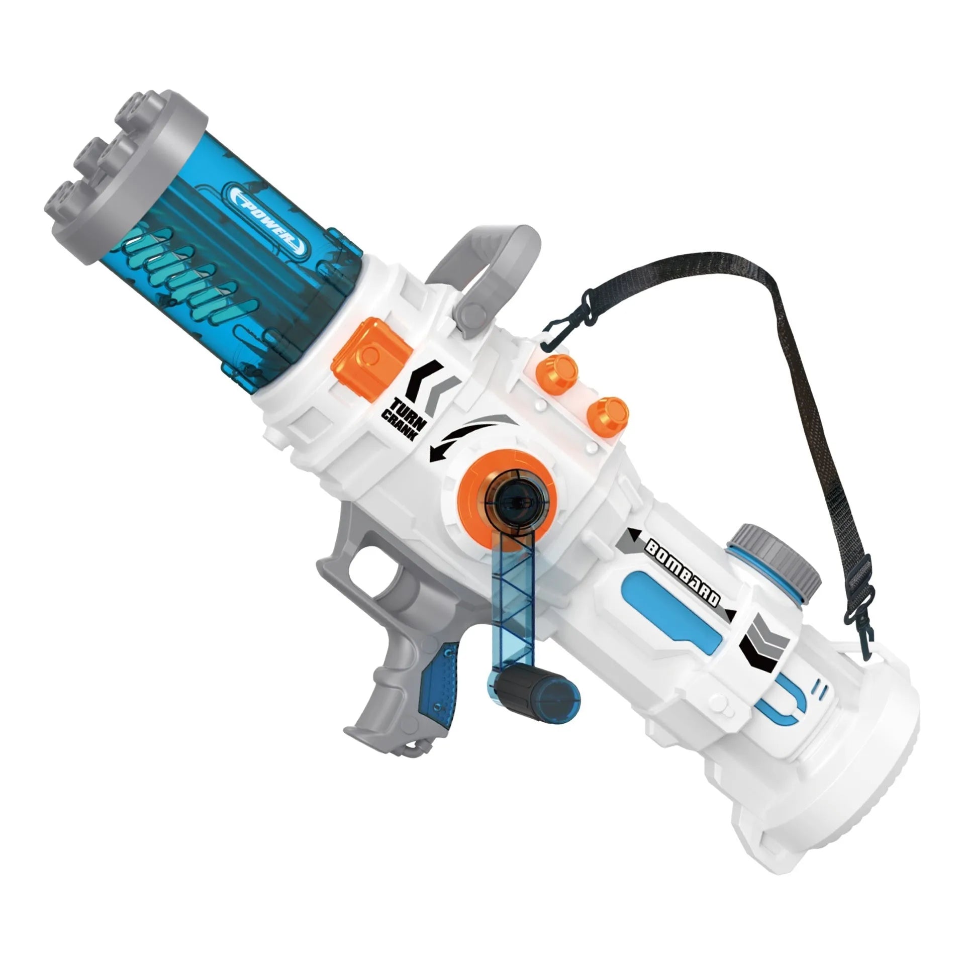 Hand-cranking gatling water gun with 1000ML capacity in blue and white plastic