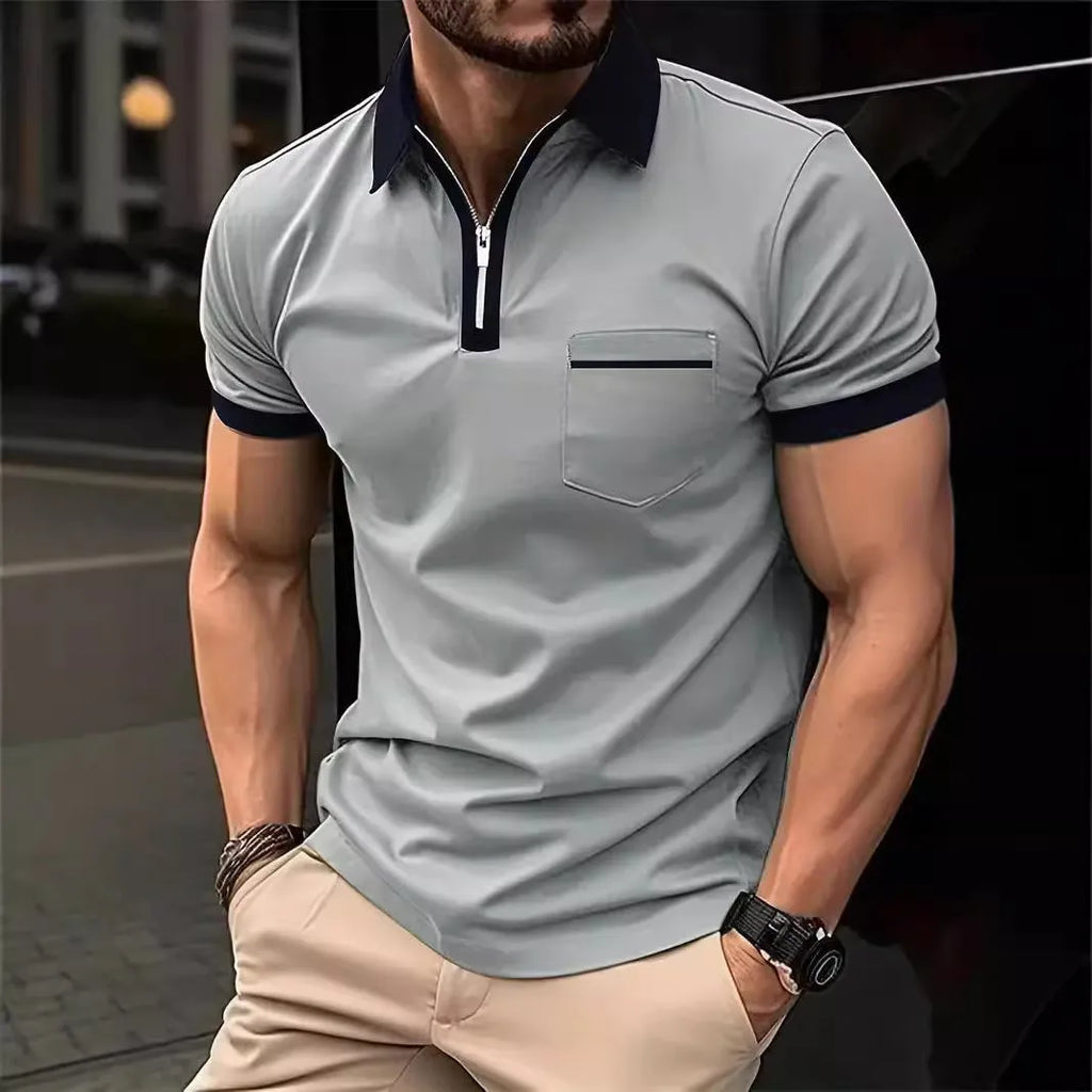 Men's loose fit short sleeve casual shirt with chest pocket and decorative zip details in colour combination options